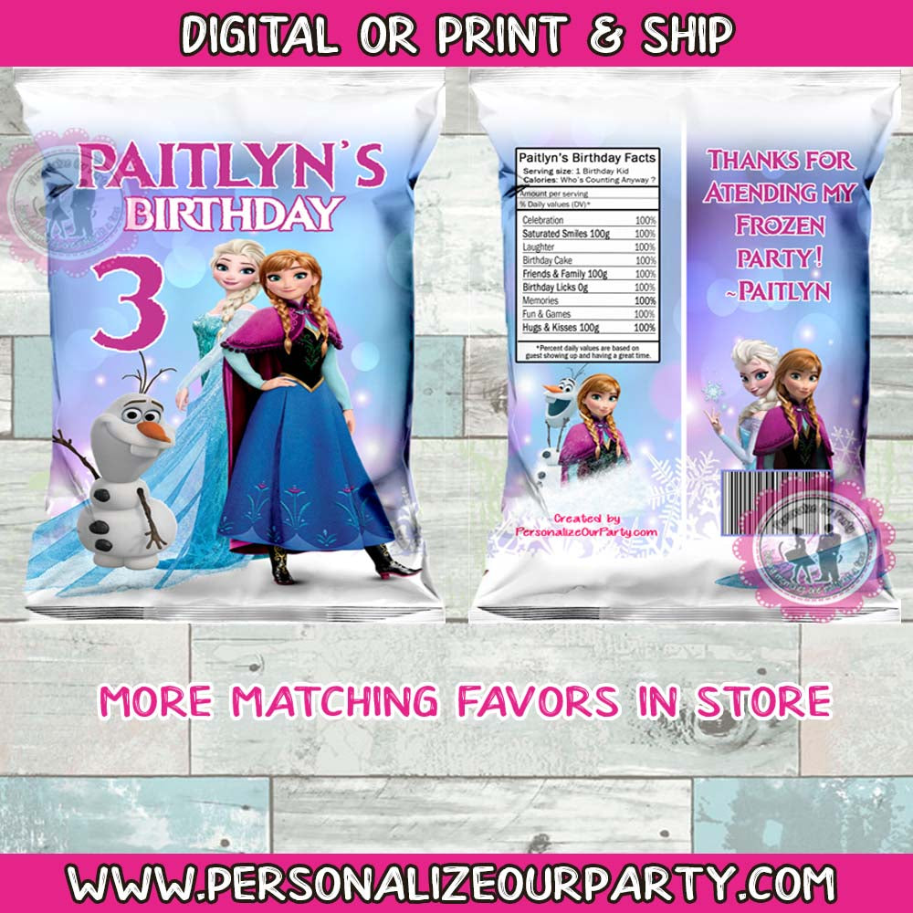 Frozen inspired chip bag/wrappers -1 digital file or 1 dozen printed w ...