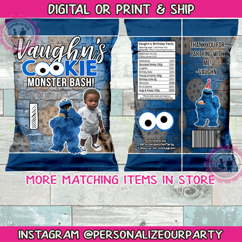 Cookie monster inspired chip bags/wrappers-digital file or 1 dozen printed