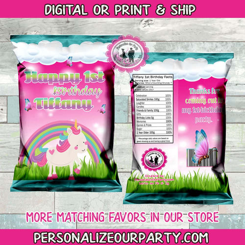 unicorn personalized chip bag-unicorn party favors-unicorn party supplies-unicorn party bags-first burthday unicorn party favors-treat bags