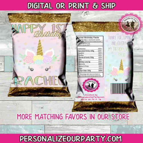 unicorn personalized chip bag wrappers-digital-printed-unicorn birthday party favors-unicorn party-unicorn 1st birthday-unicorn chip bags