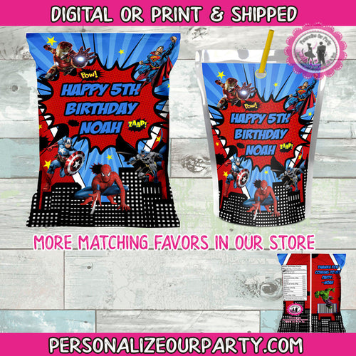 avengers vs justice league inspired chip bag wrap & capri sun-avengers party favors-digital-print-super hero party-avengers-justice league