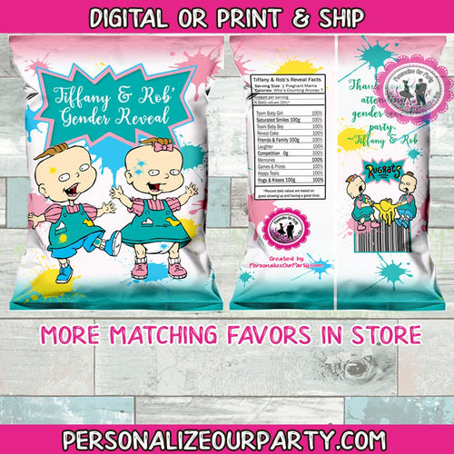 gender reveal chip bags/wrappers-digital-printed-gender reveal party-twins chip bags-twins party favors-baby shower party favors-personalize