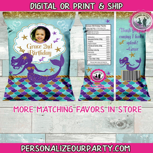 mermaid chip bag wrapper-digital-printed-mermaid party-mermaid party favors-first birthday party favors-party favors-snack bag-treat bags