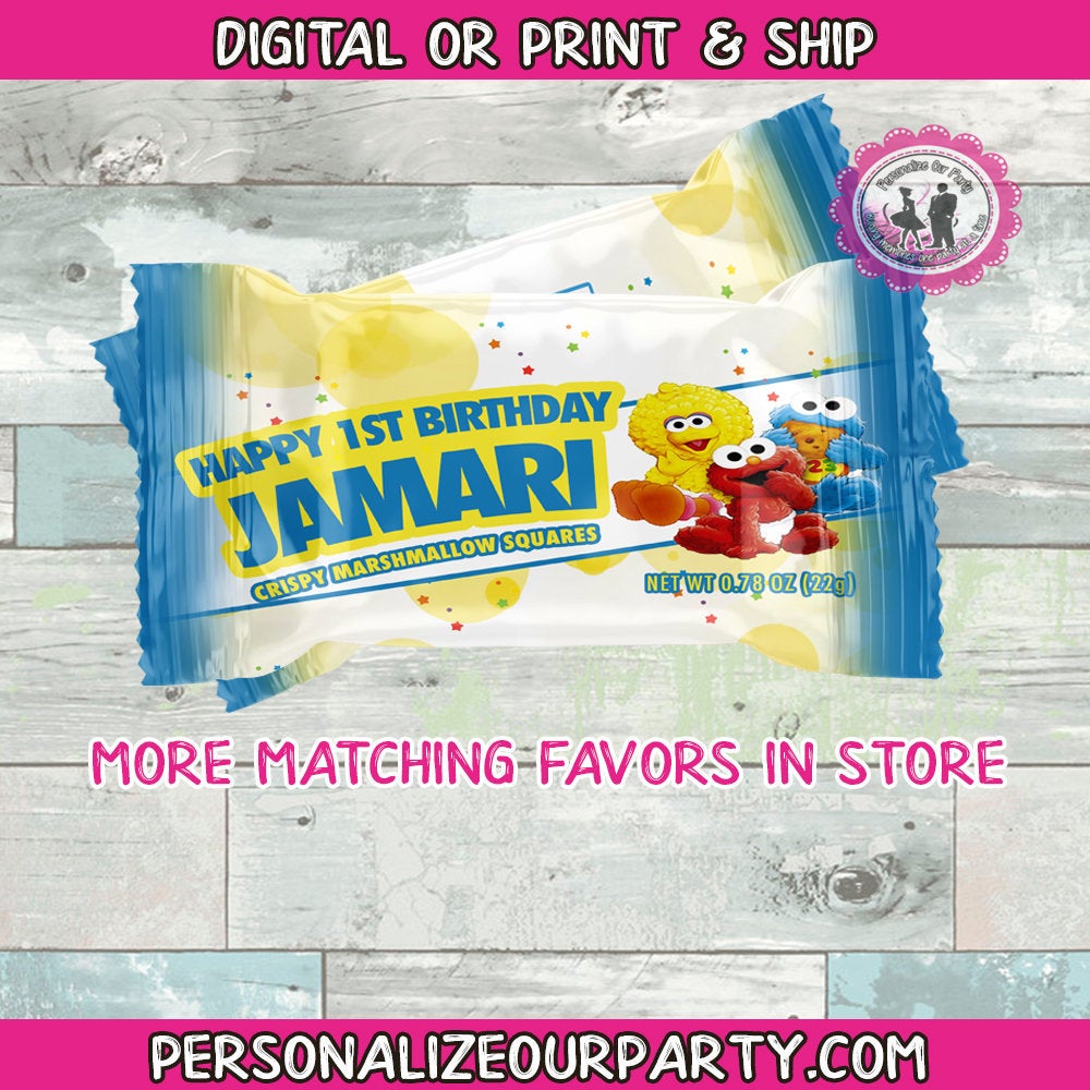 Sesame street 1st birthday rice krispy treat-digital-printed-sesame street party favosr-first birthday-favors-personalized party favors