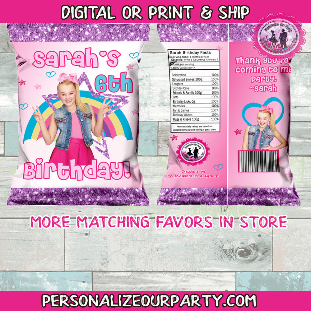 Jojo Siwa chip bags / chip bag wrappers-1 digital file or 1 dozen printed wrappers