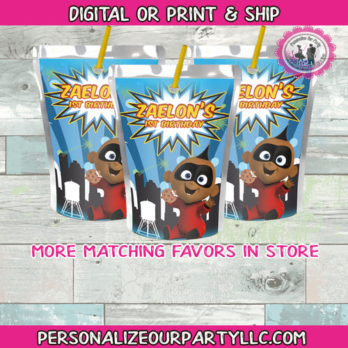 African American jack jack capri sun stickers-incredibles 2-incredibles 2 party favors-boy first birthday party favors-digitl-printed-favors