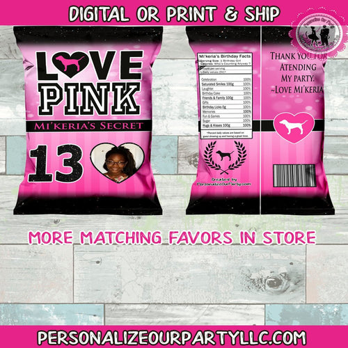 VS pink chip bag/wrappers-victoria secret chip bags-sweet 16 party favors-pink party favors-victoria secret party favors-digital-printed-VS