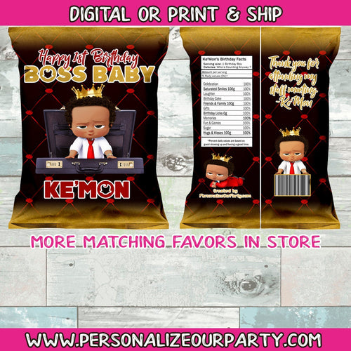 African american red boss baby chip bags/wrappers-boss baby party favors-digital-printed-red boss baby boy-first birthday chip bag-boss baby