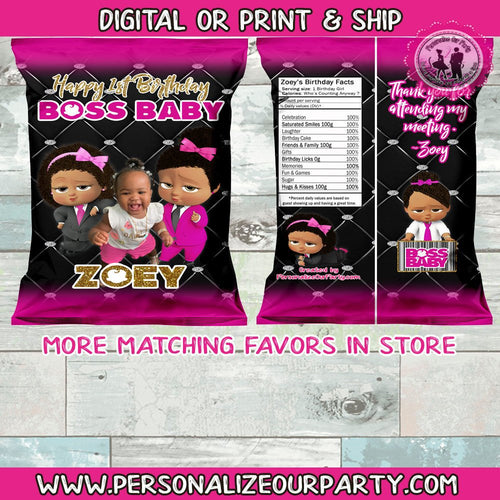 African American boss baby girl chip bags/wrappers-digital-printed-boss baby girl party favors-boss baby girl chip bag-boss baby girl-pink