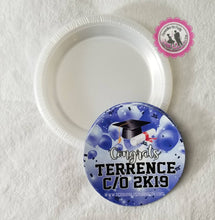 Load image into Gallery viewer, Graduation 7in clear dessert plates/labels-Graduation party supplies-graduation favors-digital-printed-graduation cake plate-custom plates