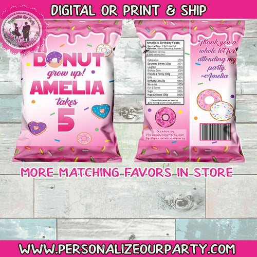 Donut grow up chip bags/wrappers-digital-printed-donut party favors-printed-digital-donut party theme-donut chip bag-donot treat bags-donut