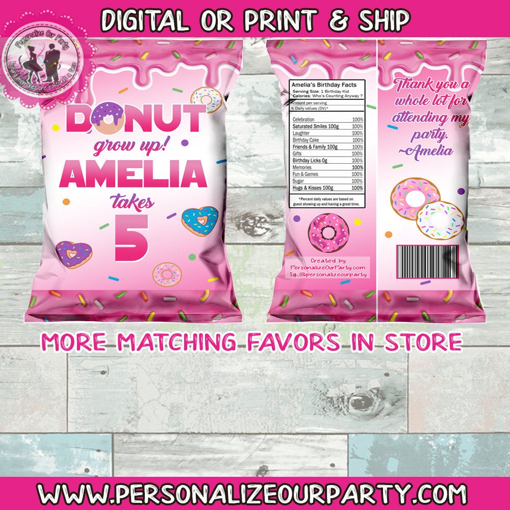 Donut grow up chip bags/wrappers-digital-printed-donut party favors-printed-digital-donut party theme-donut chip bag-donot treat bags-donut