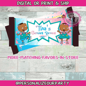 Gender reveal party African american phil an lil Hershey's candy bar wrapper-digital-printed-rugrats party-twins personalized party favors