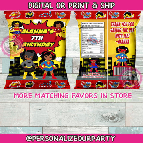 African American super hero girls chip bag wrappers- girls superhero chip bag favors-super hero birthday party favors-custom party favors-