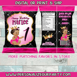 baby girl princess chip bags/wrappers-princess party favors-african american princess-digital-print-party favors- black pink & gold favors