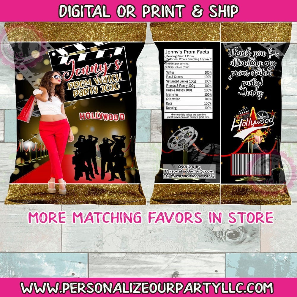 Hollywood prom send off chip bags/wrappers digital-print-prom watch party favors-prom send off party-prom party favors-prom favors-chip bags