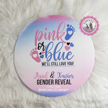Load image into Gallery viewer, Pink or blue gender reveal charger plate inserts-pink or blue we love gender reveal favors-charger plates-gender reveal favors-digital-print