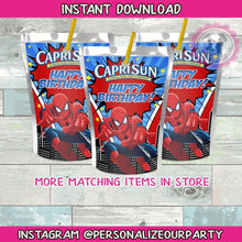 Load image into Gallery viewer, INSTANT DOWNLOAD spider man capri sun juice pouch labels-spider man party-spiderman -capri sun sticker-spider man favors-spider man birthday