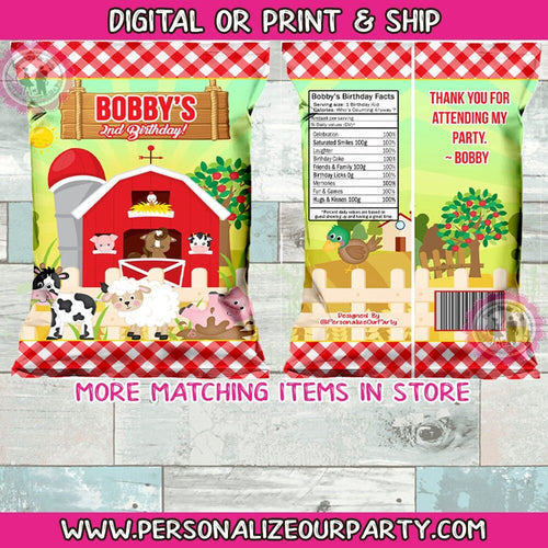 barn yard farm animals chip bags/wrappers-farm animals party-barn yard party favors-digital-print-animals party favors-zoo animals-party bag